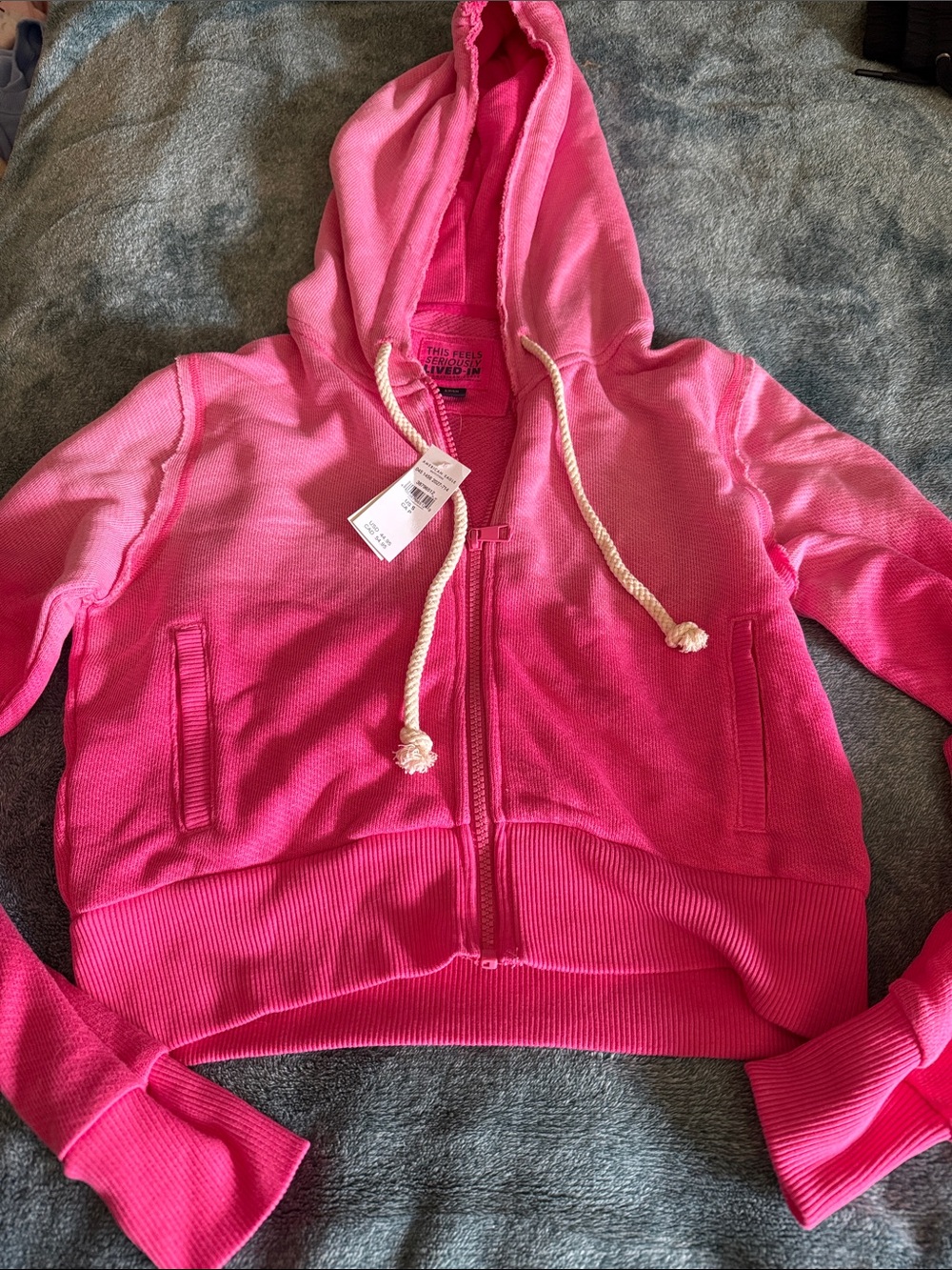 American Eagle Outfitters Pink Ombre Zip Hoodie with Cream Drawstrings. Crop.